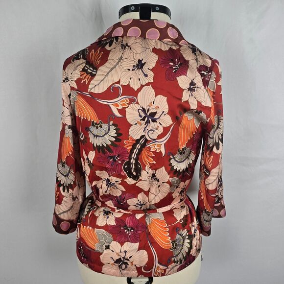 Zara Woman Blouse M Red Pink Floral & Dots Wrap Tie Long Sleeve V-Neck - Picture 6 of 15
